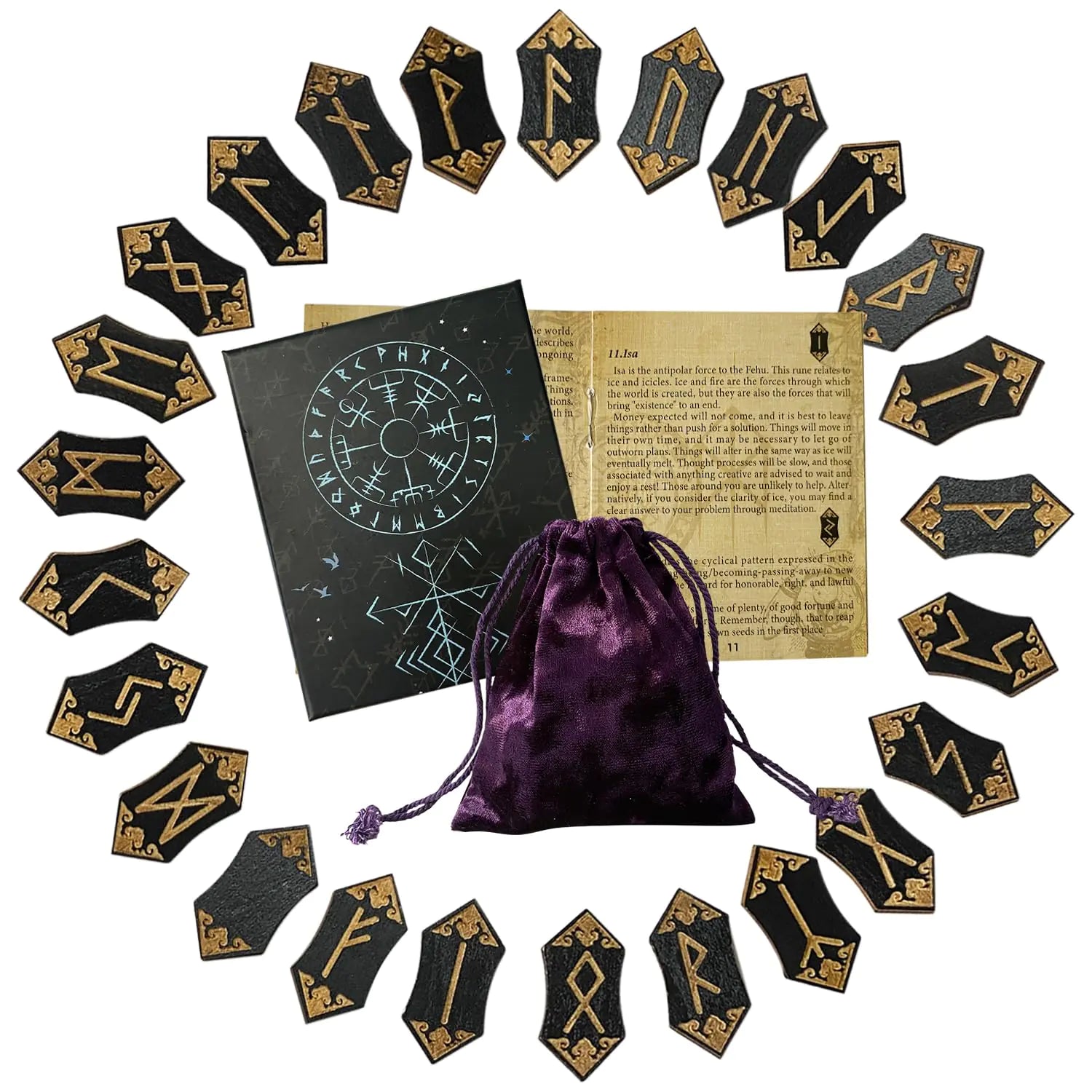 Norse Rune Stone Set — 25-Piece Wooden Viking Runes with Guide Book & Velvet Bag