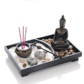 Zen Buddha Statue with Wooden Sand Tray and Iron Candleholder