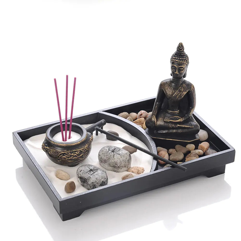 Zen Buddha Statue with Wooden Sand Tray and Iron Candleholder