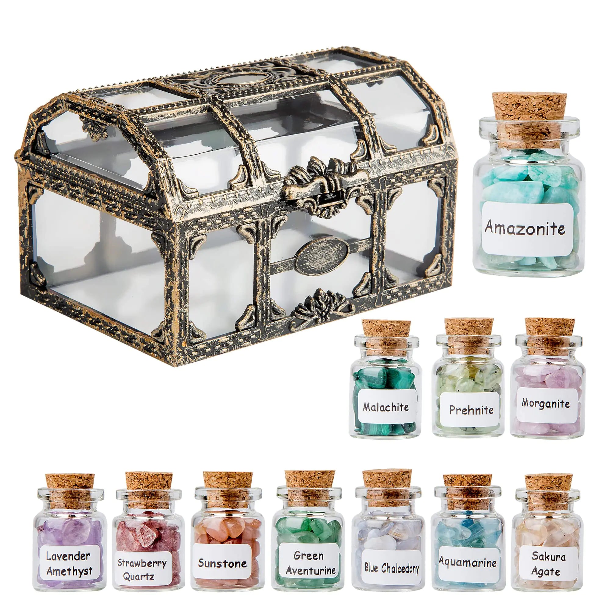 Crystal Chips Intention Jar Starter Kit — 11 Gemstone Bottles in Vintage Box