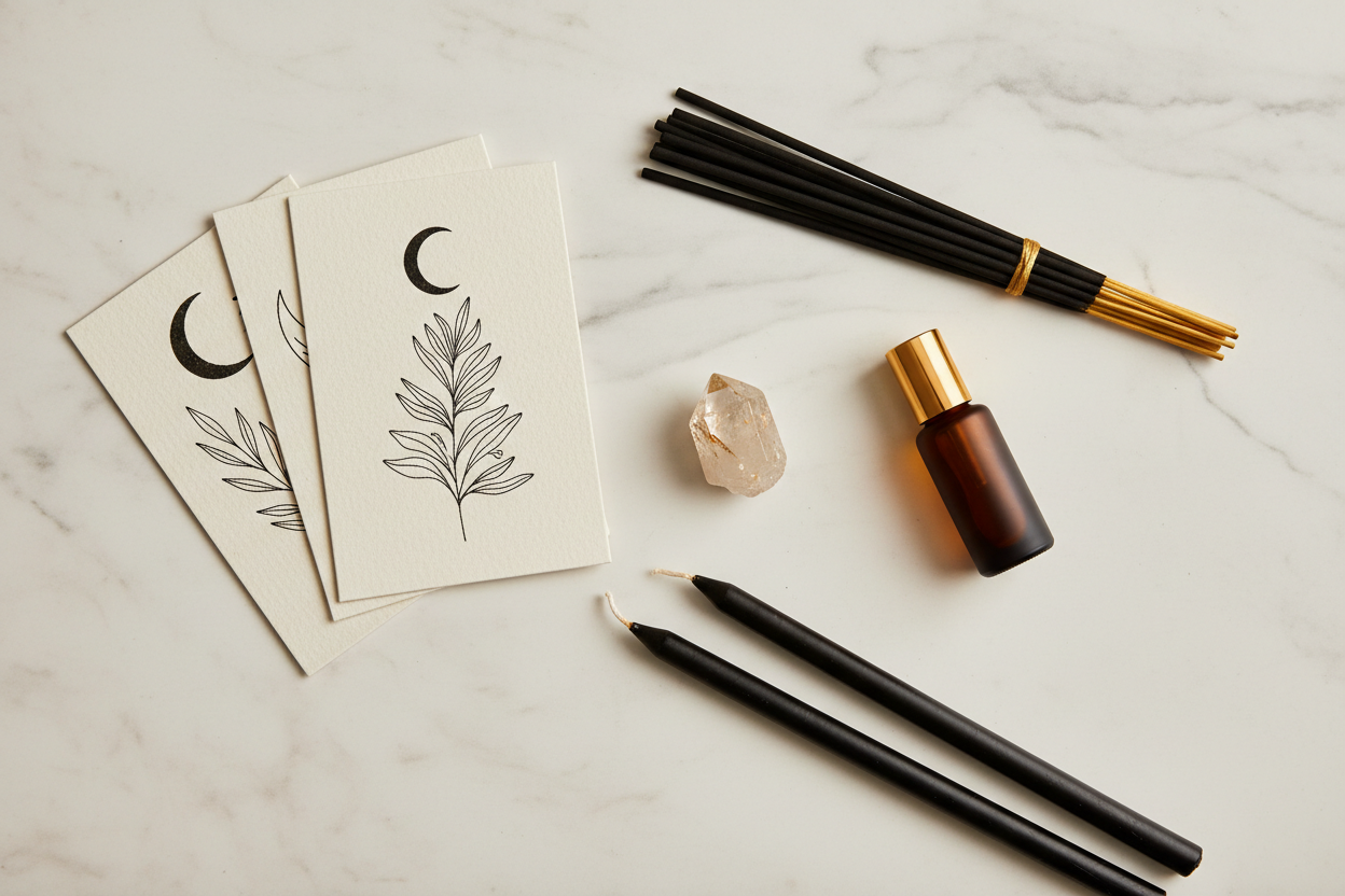 Luxury flat-lay of The Signal Kit Monthly Refill — incense, amber roller bottle, printed cards, black taper candles, and crystal on cream marble surface