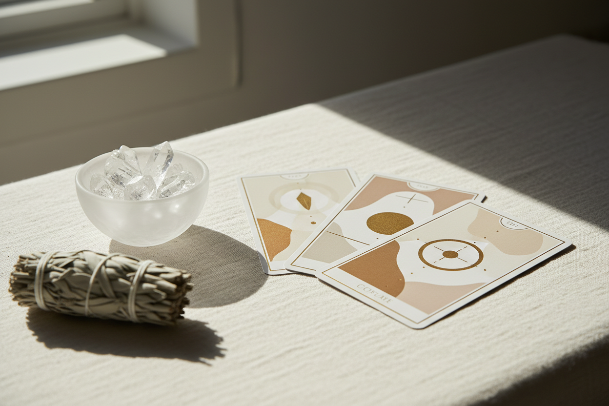 The 3-Question Deep Dive - Thoughtful editorial image featuring three tarot cards fanned out, crystal bowl, sage bundle, and gold accents on cream linen with natural light