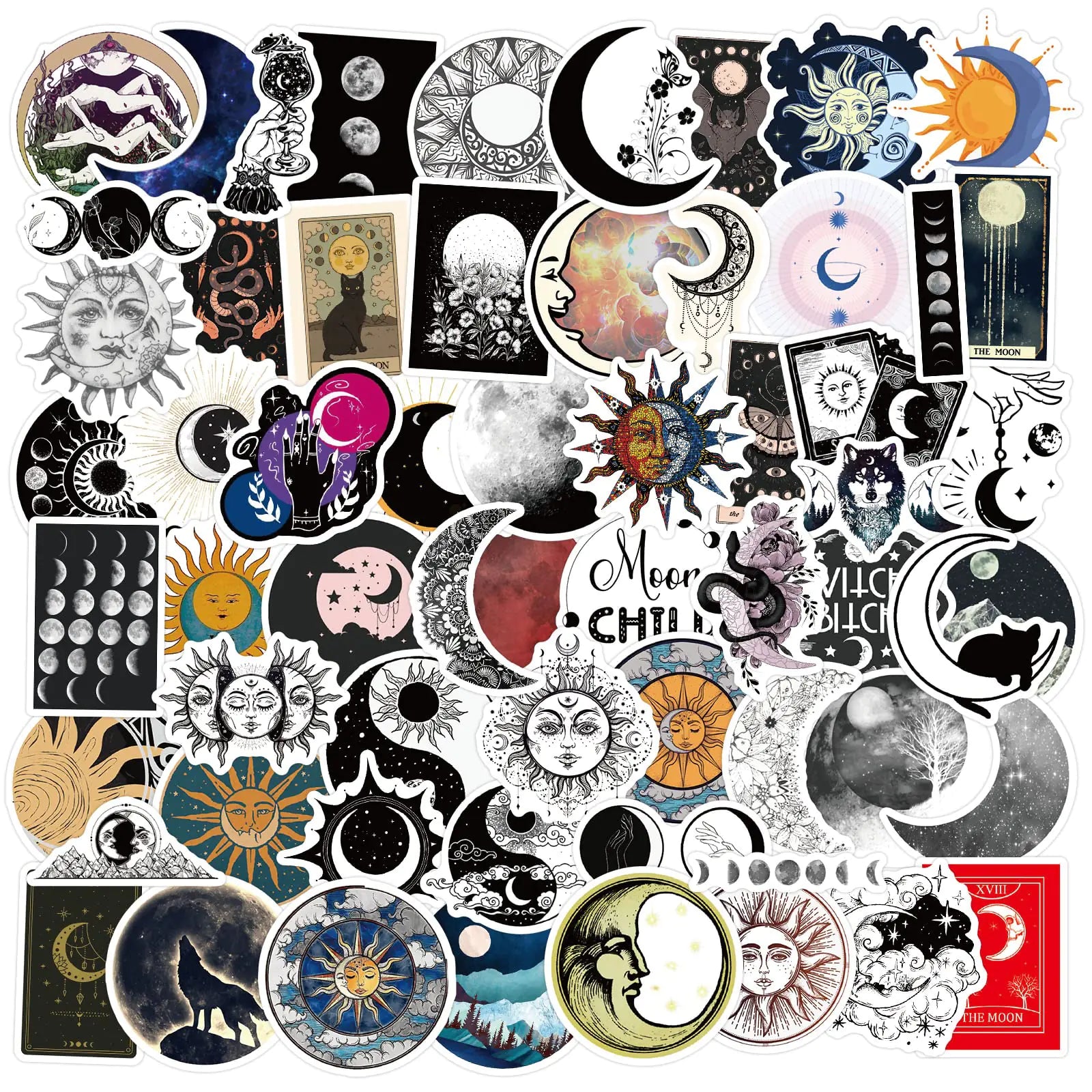 Celestial Sun & Moon Stickers — 62-Piece Mystical Vinyl Decal Set