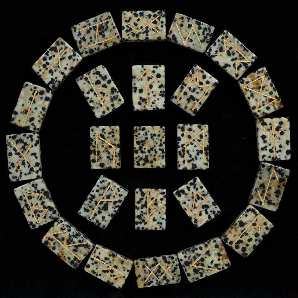 BEZAVO Dalmatian Jasper Rune Stones Set with Engraved Elder Futhark Alphabet Natural Crystal Runes Stones Reiki Healing Chakra Meditation Divination Norse Pagan Gemstone Runes in Brick Shape