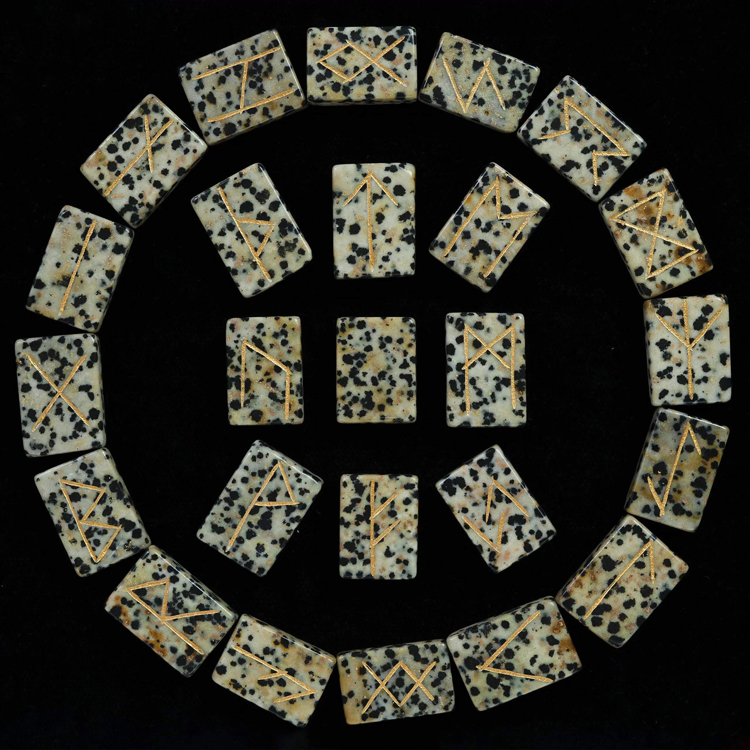 BEZAVO Dalmatian Jasper Rune Stones Set with Engraved Elder Futhark Alphabet Natural Crystal Runes Stones Reiki Healing Chakra Meditation Divination Norse Pagan Gemstone Runes in Brick Shape