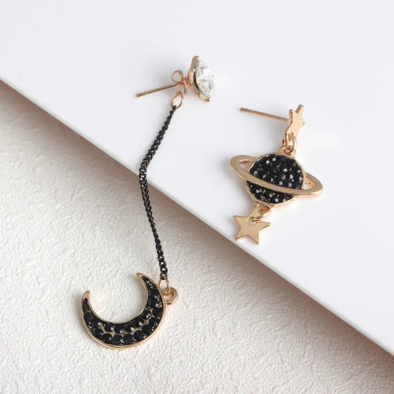 Moon & Saturn Drop Earrings — Asymmetrical Celestial Set