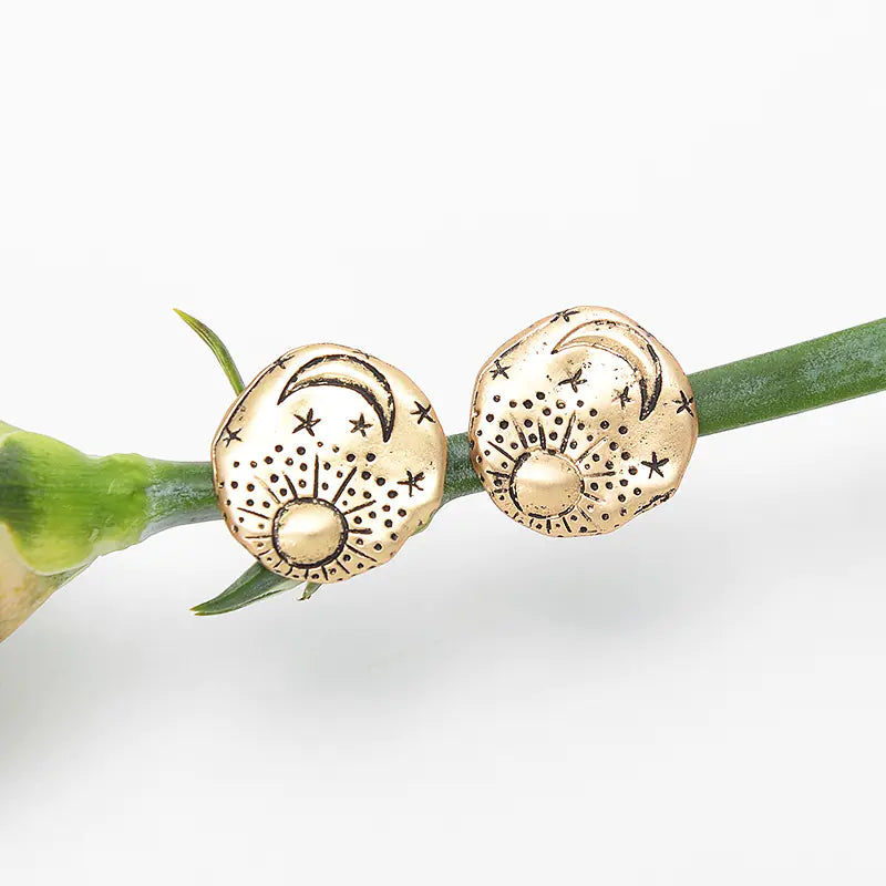 Celestial Star & Moon Stud Earrings — Antique Gold Silver Textured Studs