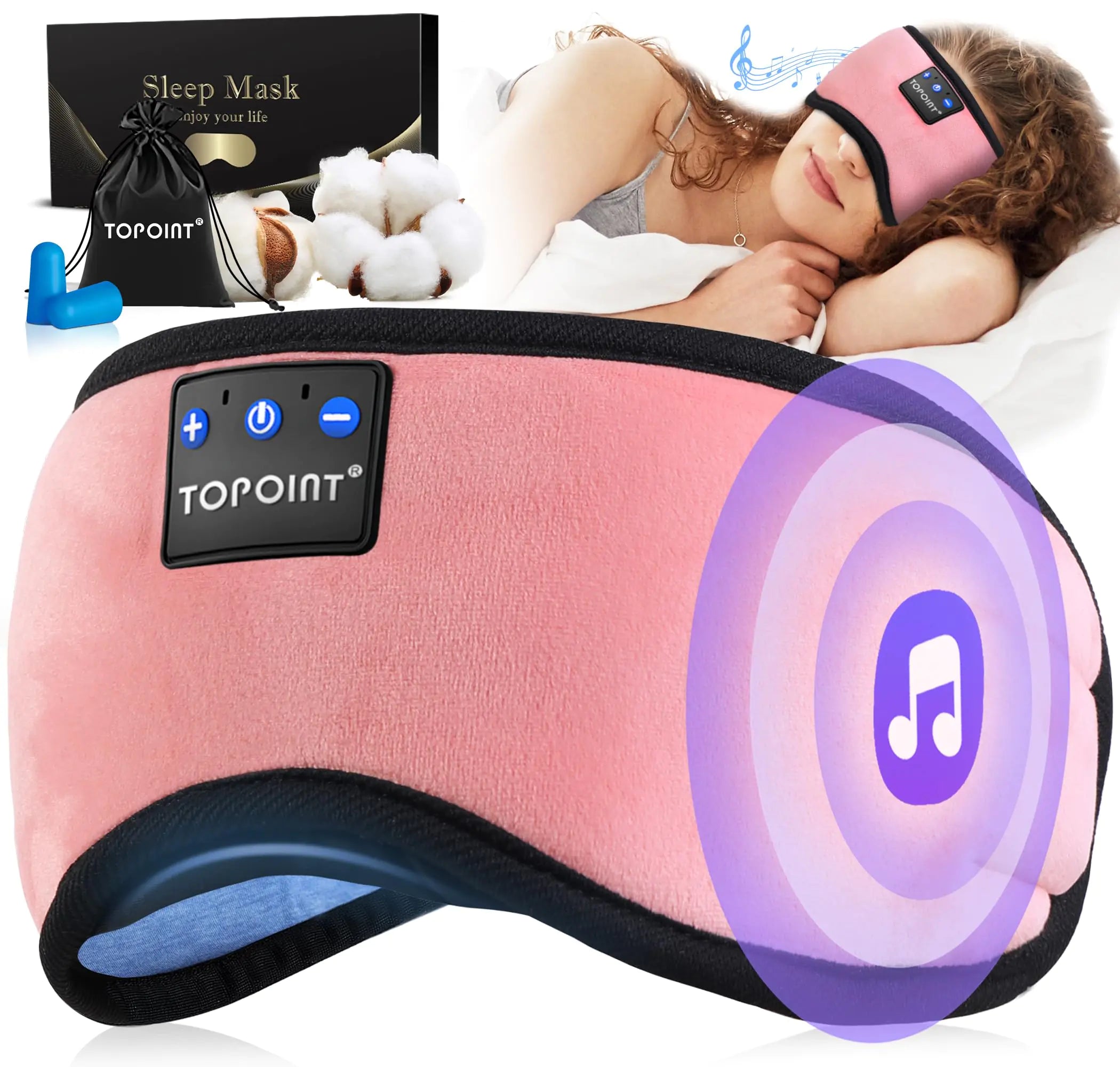 TOPOINT Sleep Mask Headphones Bluetooth 5.2 Wireless Blackout Eye Mask for Women Men Sleeping Travel Meditation Gifts Cool Gadgets with Speakers MusicMicrophone Noise Canceling Ear Plugs USB C