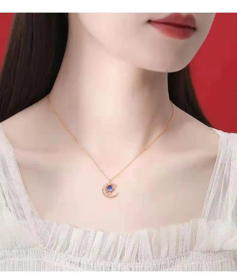 Star and Moon Crystal Pendant Necklace for Women