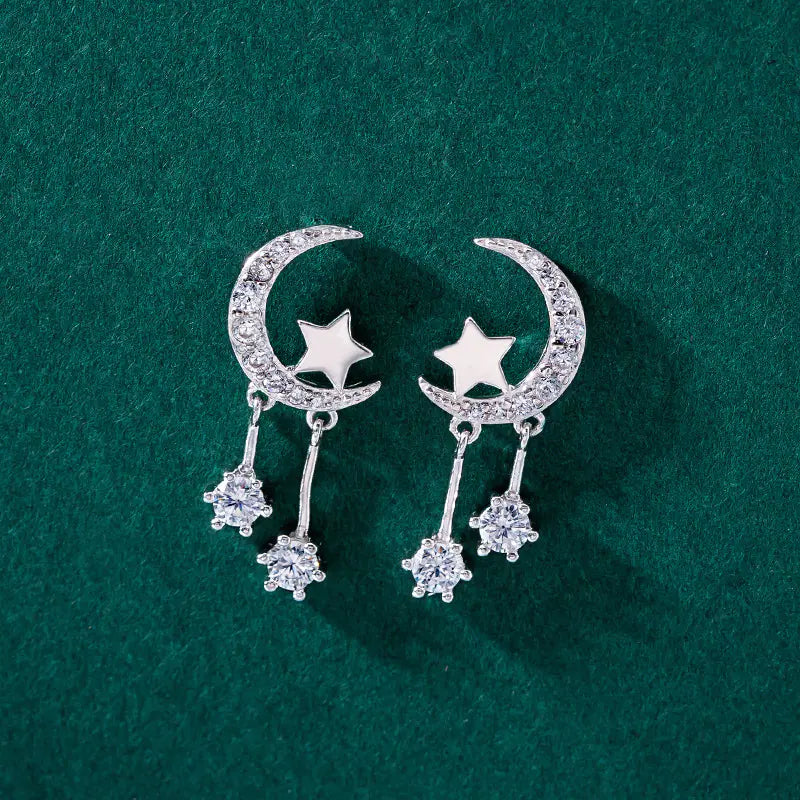 Star & Moon Tassel Drop Earrings — Asymmetric Celestial Silver