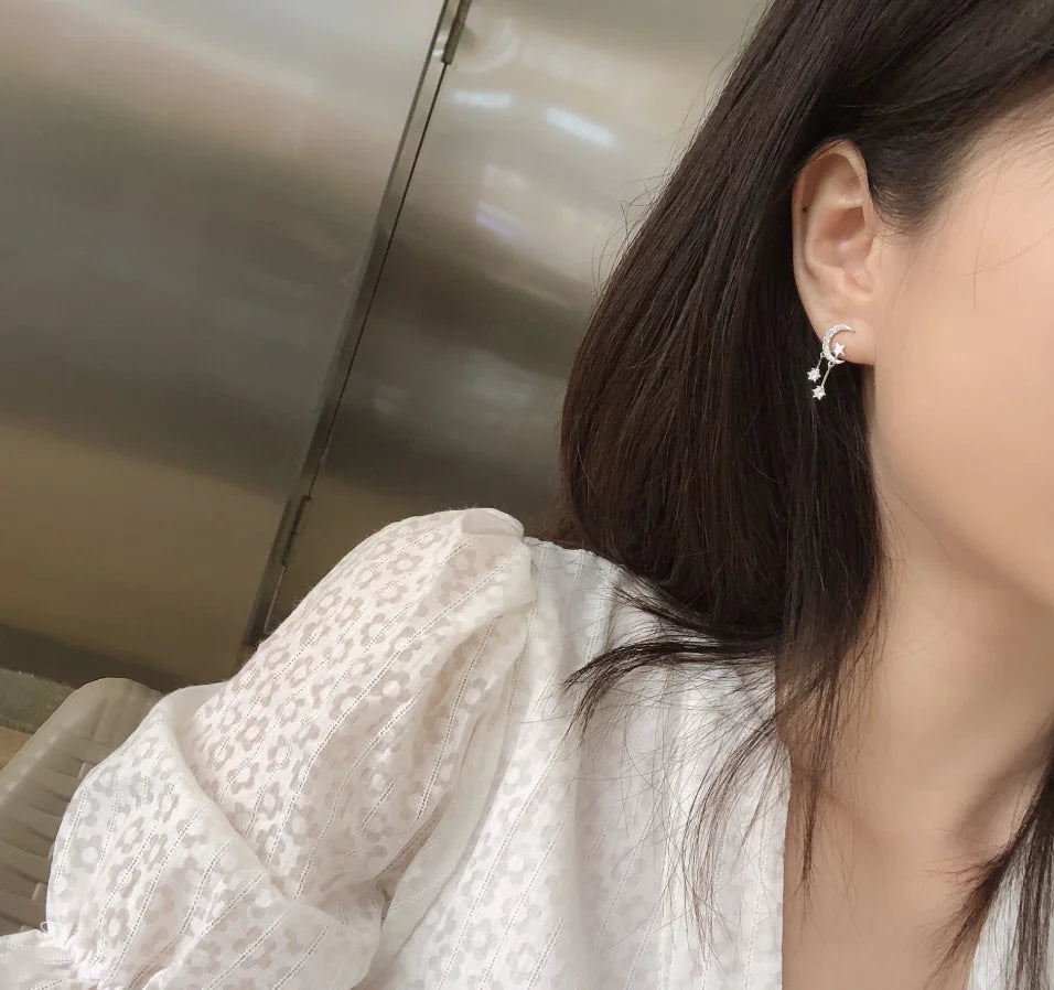 Star & Moon Tassel Drop Earrings — Asymmetric Celestial Silver