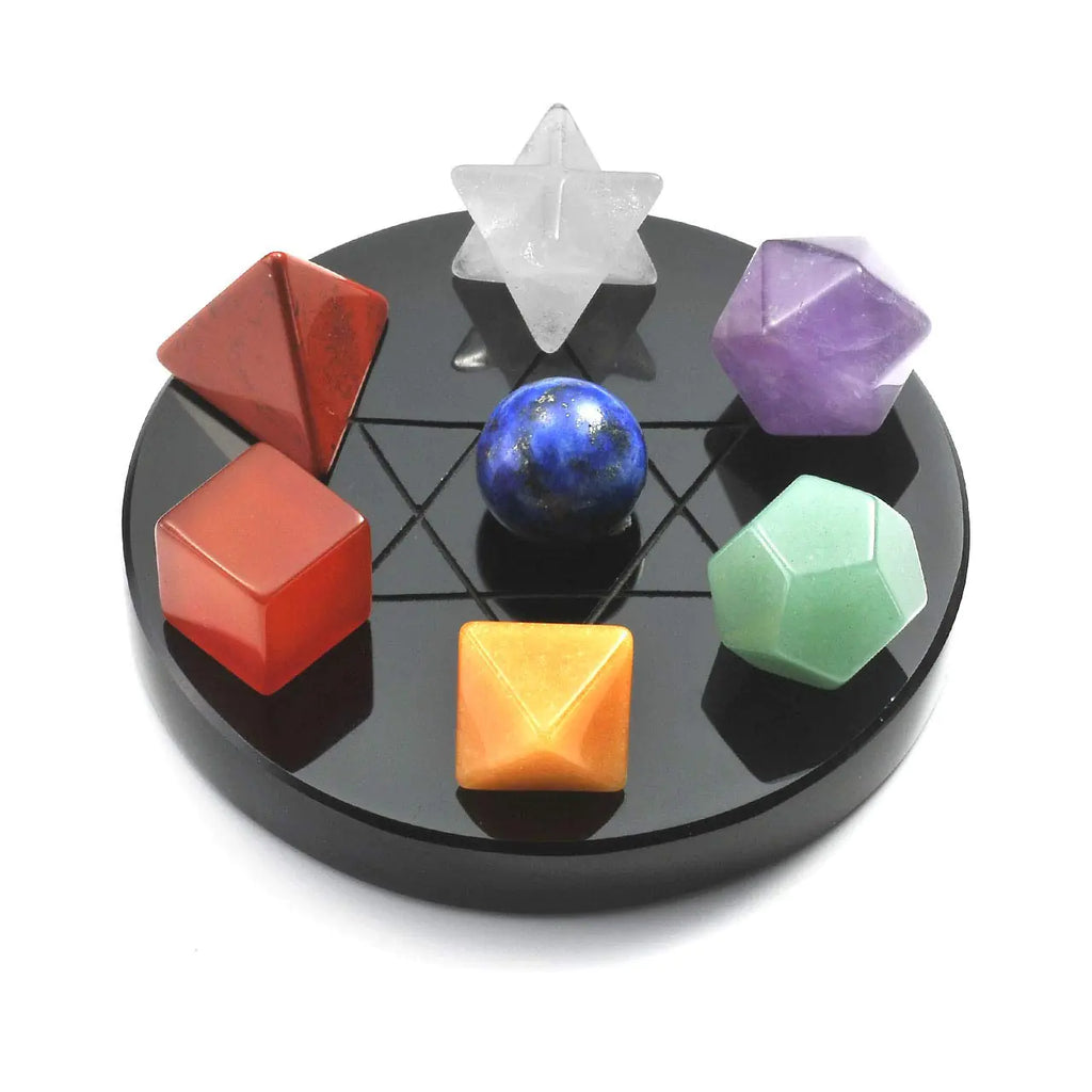 Top Plaza 7 Chakra Healing Crystals Kit Sacred Geometry Platonic Solids Crystals Reiki Tumbled Stones Set Lucky Decoration W/Black Obsidian Stand