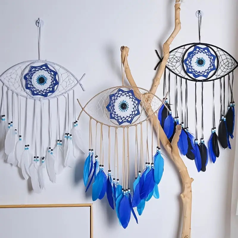 Evil Eye Dream Catcher Handmade | Nazar Protection Wall Hanging | Boho Feather Decor | Spiritual Good Luck Charm | Bedroom Home Decor Gift