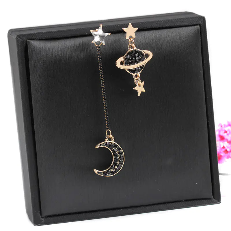 Moon & Saturn Drop Earrings — Asymmetrical Celestial Set