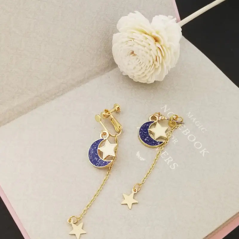 Celestial Moon & Star Tassel Earrings — Blue Gold Drop