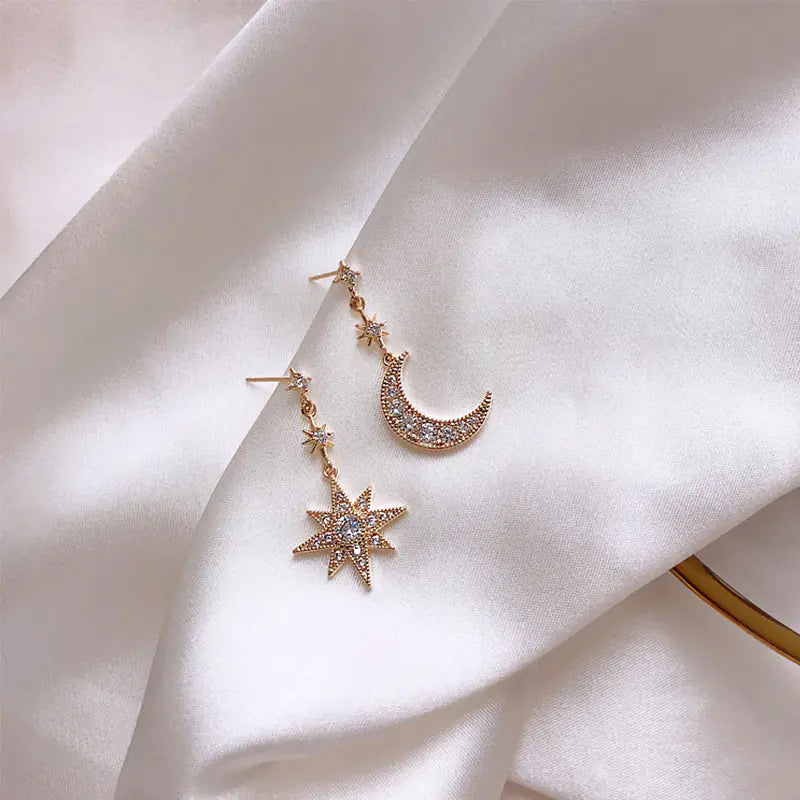 Asymmetrical Star & Moon Drop Earrings — 925 Sterling Silver
