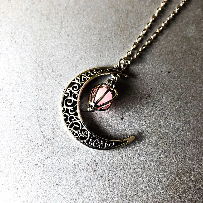 Halloween Hollow Moon Necklace with Heart Birdcage Pendant