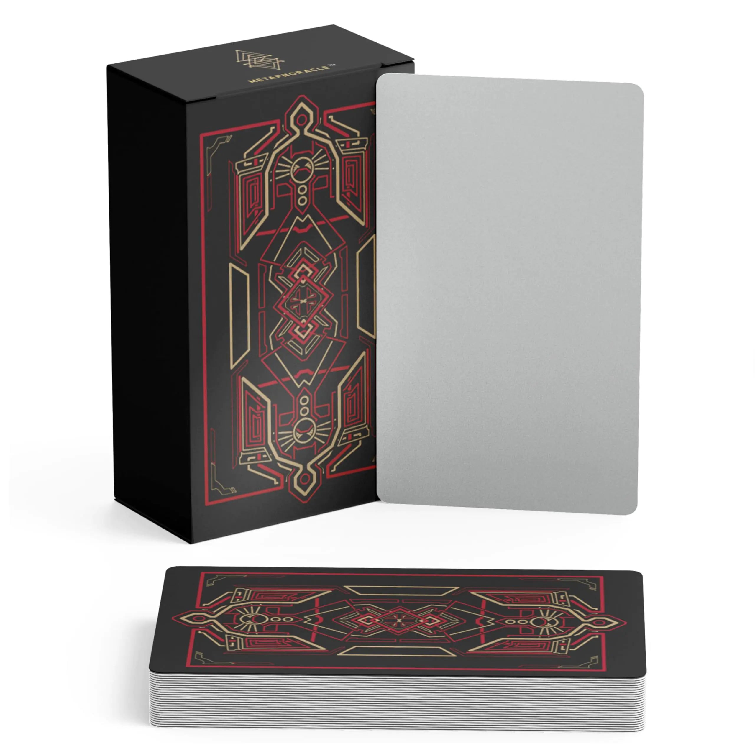 Metaphoracle Blank Tarot Cards with Design on Back - DIY Deck of 80 Cards to Create Your Own Oracle Tarot Deck - Sacred Geometry Design with Metallic Gold Foil - 4.75 inches x 2.75 inches (Red)