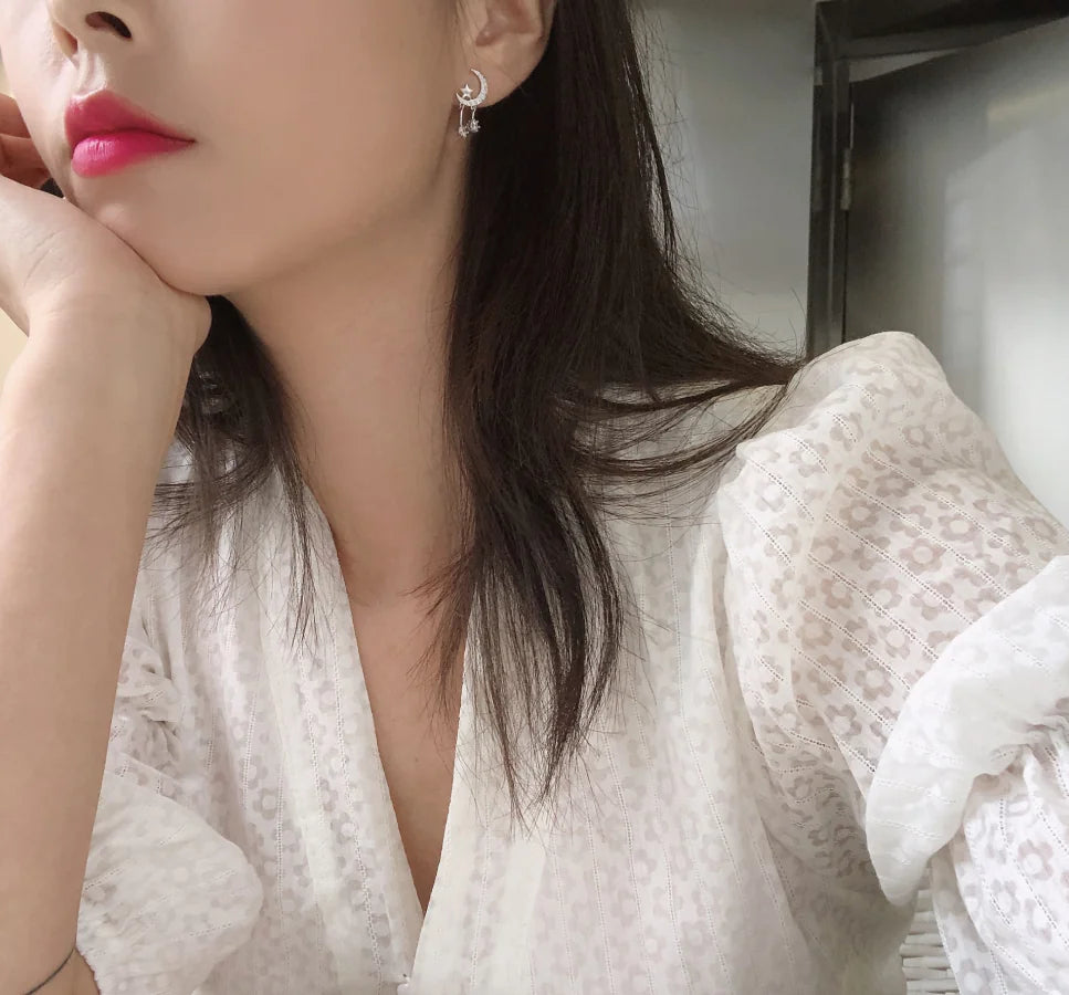 Star & Moon Tassel Drop Earrings — Asymmetric Celestial Silver
